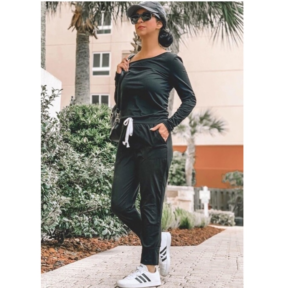 Off Shoulder Contrast Drawstring Black Jumpsuit - Picture 9 of 16